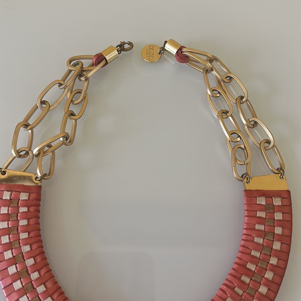 Anthropologie Wing Paris orange leather tassels & brass necklace. Made in France - Picture 7 of 12